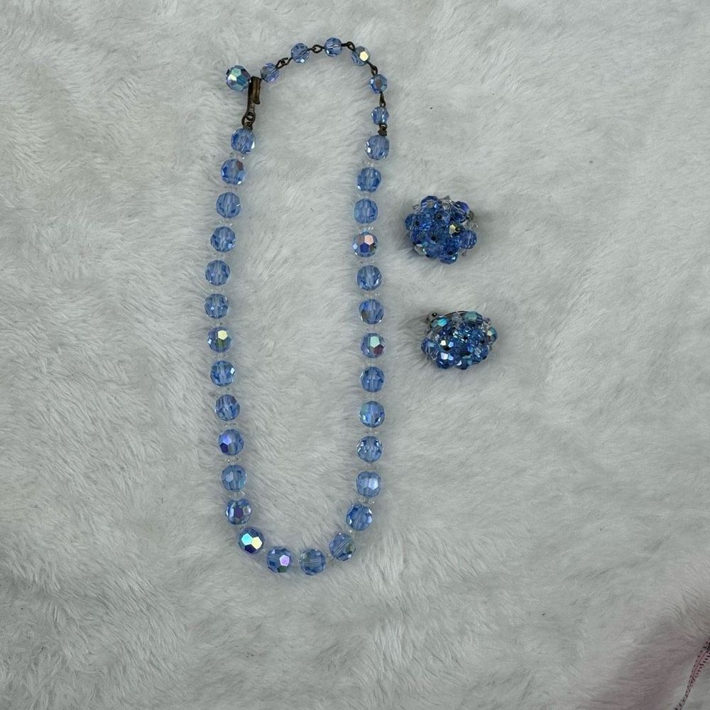 Vintage Laguna Blue Faceted Crystal Glass Necklace & Earrings Set Jewelry